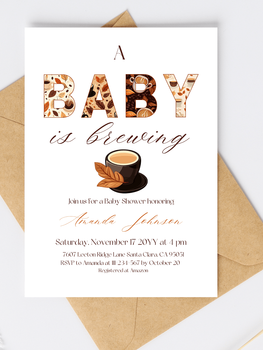 A Baby is Brewing Baby Shower Invite, Rustic Gender Neutral Baby Shower, Coffee Themed Brunch Invitation, Digital Download Canva Template product image (1)