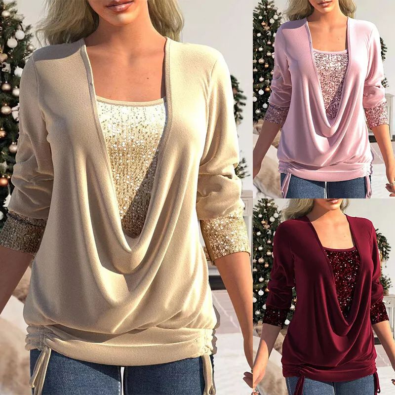 Womens Sequin Long Sleeve Tops Ladies Glitter Party Jumper Shirt Blouse T-Shirt product image (4)