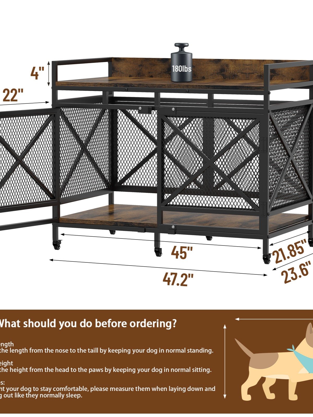 48 inch Dog Crate Furniture for Large Breeds (Up to 90 lb), Wooden & Steel, 360° Casters, Waterproof Top, Steel Lock,Vintage Brown product image (2)
