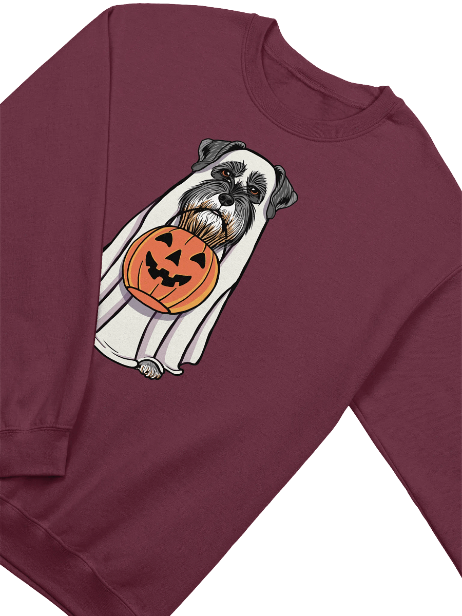 Funny Halloween Schnauzer Sweatshirt | Funny Schnauzer Wearing a Ghost Costume and Holding a Pumpkin Basket product image (13)