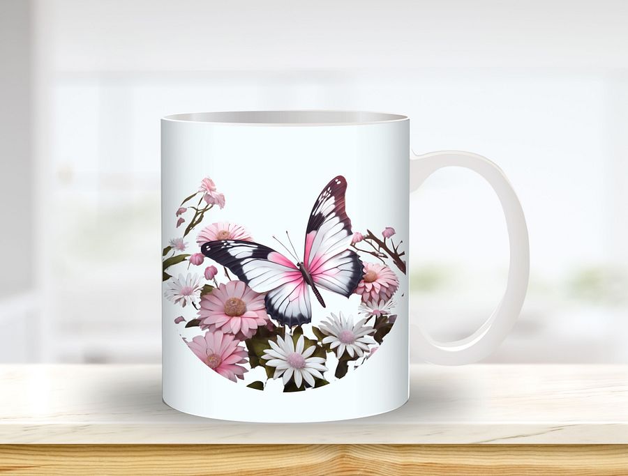 Pink Butterfly Mug Sublimation Design, 11oz & 20oz Mug Template, Mug Wrap Template PNG, Digital Download product image (1)