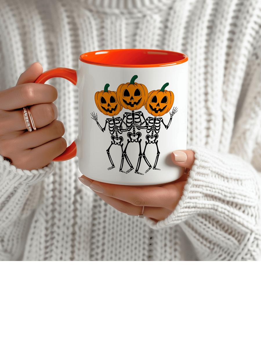 Halloween coffee mug, Skeleton mug, Ceramic pumpkin mug, Dancing skeletons mug, Pumpkin head mug, Unique coffee mugs, Spooky coffee mugs product image (1)