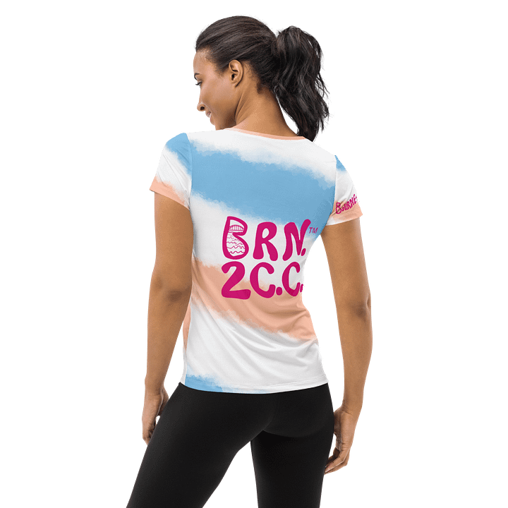 Women's | BOURNE to Cape Cod™ | Sporty Prep Tee ⚓️ | Athletic Style | Pink Logo on Diagonal Patriotic Pastels product image (2)