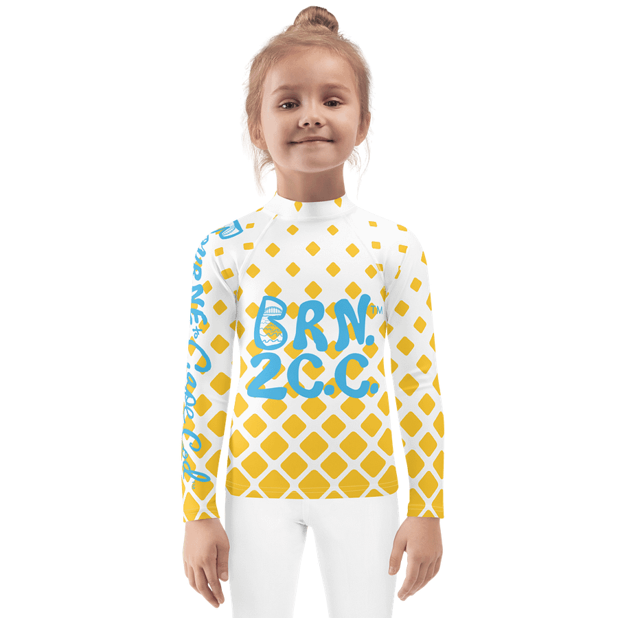 Girls' | Kids | Rash Guard | BRN.2C.C.™ Front Print | BOURNE to Cape Cod™ Back & Sleeve Logo | Coastal UV Shirt for Active Kids | Slim Fit Swim Top | Blue Logo on Retro Mod Yellow Diamonds product image (1)