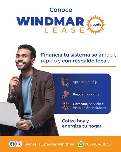 Quieres energía solar sin comprar el sistema?

Con Windmar Lease, disfrutas de la energía limpia pagando una mensualidad acce...