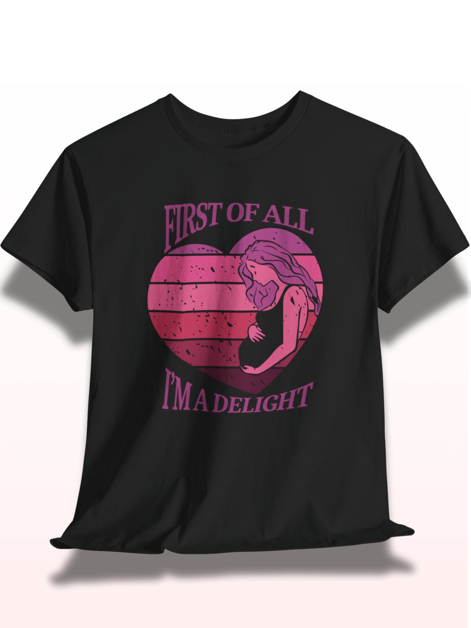'First Of All I'm A Delight' Pregnancy Announcement T-Shirt | Pink Sunset Heart Graphic | Cute Expecting Mom Tee product image (1)