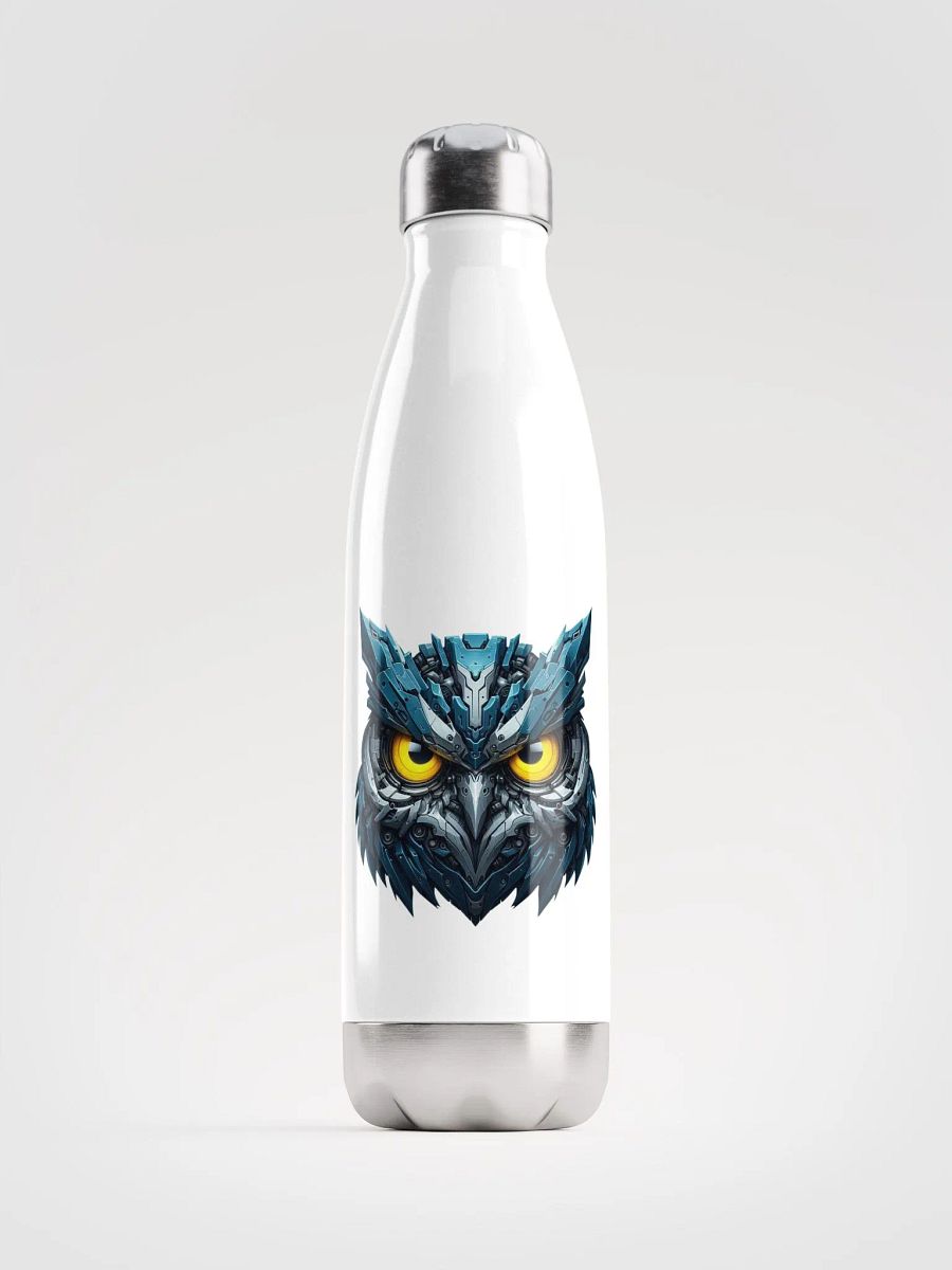 White Stainless Steel Water Bottle with Blue Iron Owl Robot Design product image (1)