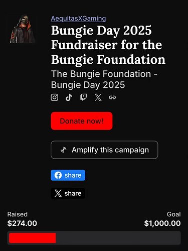 Today is the FINAL DAY for Bungie Day donations. If you're feeling like donating please visit my campaign page and drop a don...