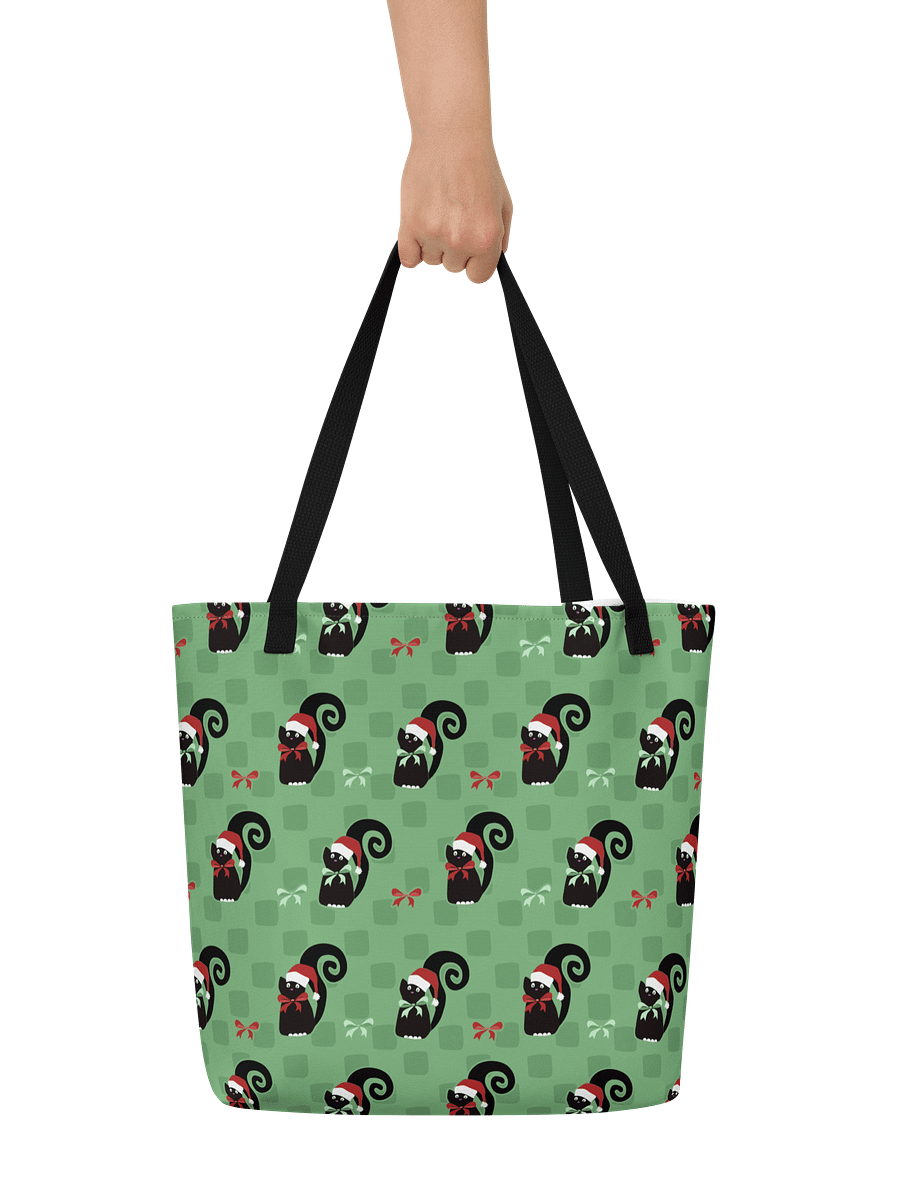 Black Christmas Kitties On Mint Green Checkerboard – Large Tote Bag product image (6)