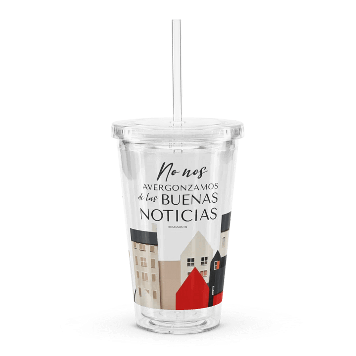 'No Nos Avergonzamos de las Buenas Noticias' Whimsical Town Spanish Tumbler product image (1)