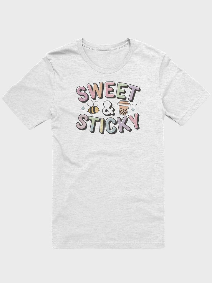 “Sweet & Sticky” t-shirt, bee and bubble tea graphic, motivational vibe clothing, adorable bee design, joyful outfit choice, unique graphic tee , bubble tea fan shirt, gift idea product image (1)