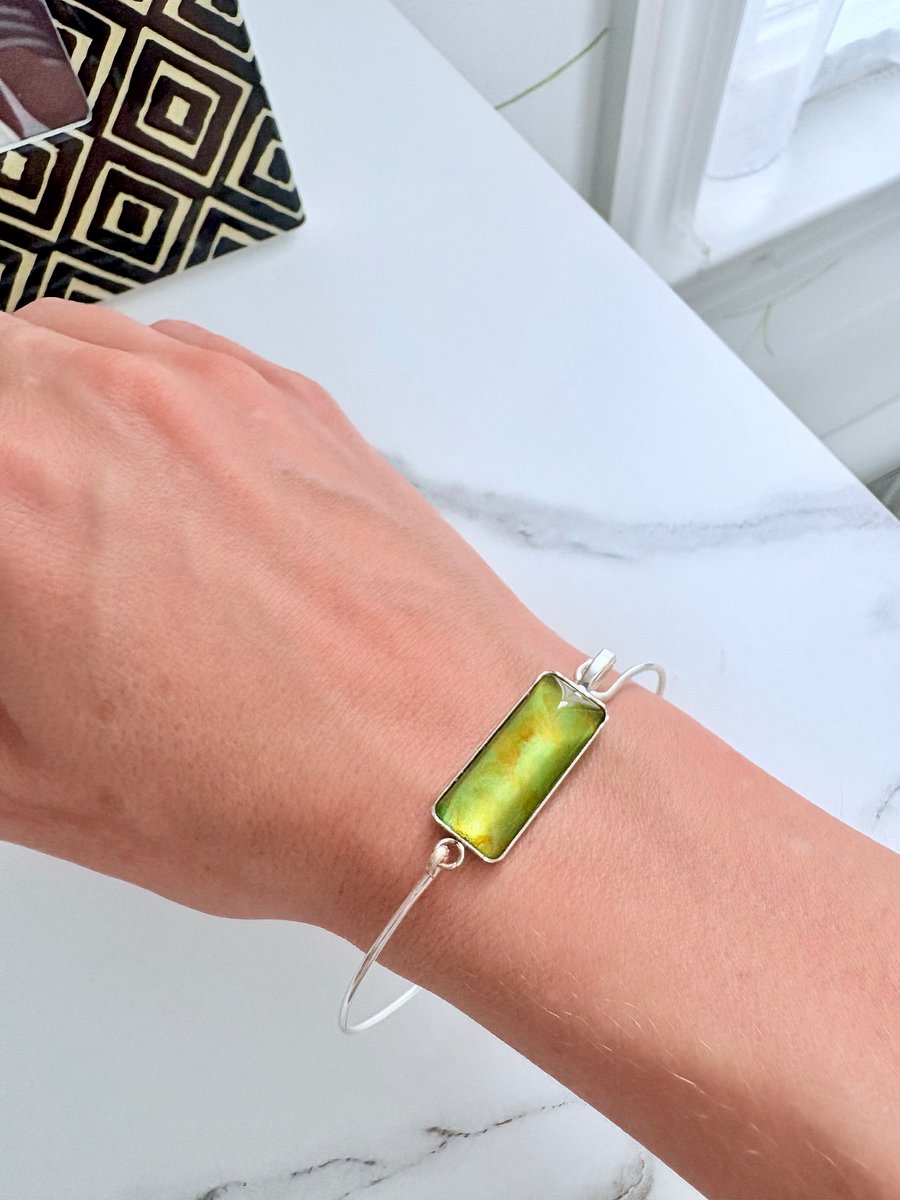 ⚡ Electric Tide Bangle | 7.25" Silver-Plated Wire Bracelet with Bright Green Rectangle Charm | Handmade Coastal Charm Jewelry by Monique Faella Designs™ | MFD-00179 product image (3)
