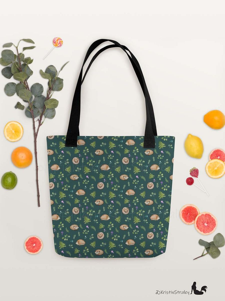 Hedgehogs with Ferns and Mushrooms on Dark Teal Tote Bag product image (5)