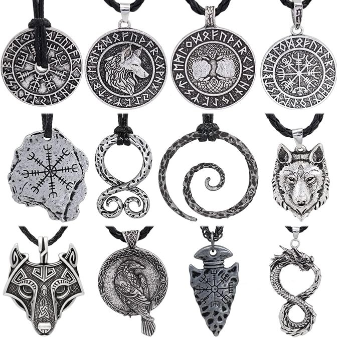 12-Piece Viking Amulet Set – Vegvisir Compass Necklaces with Gift Bag | Norse Protection & Power Collection. product image (5)