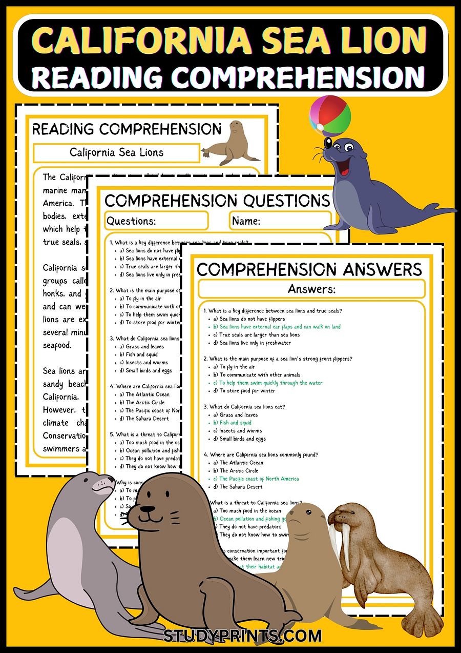 CALIFORNIA SEA LION READING COMPREHENSION PDF product image (1)