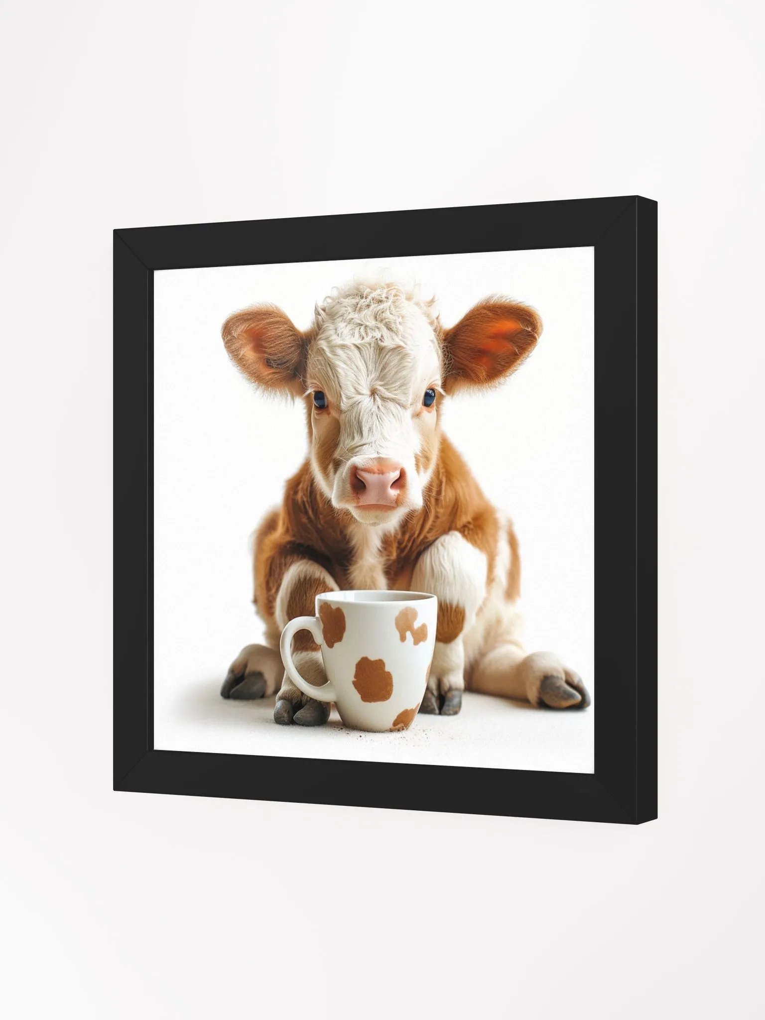 Cute Coffee Lover Baby Brown and White Cow Framed Wall Art product image (2)