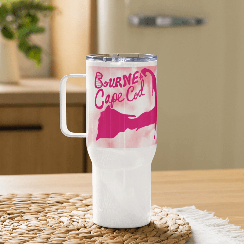 BOURNE to Cape Cod™ | Allcolor 267 | Stainless Steel Travel Mug with Handle | Insulated, Spill-Proof, Coastal Adventure Style | Pink Logo on Pink Tie-Dye product image (1)