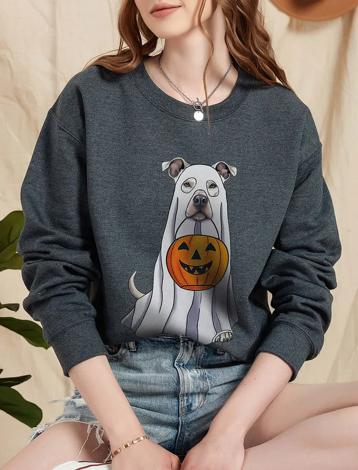 Pitbull(White) Halloween Sweatshirt | Funny Halloween Staffordshire Wearing a Ghost Costume with Pumpkin Basket product image (5)