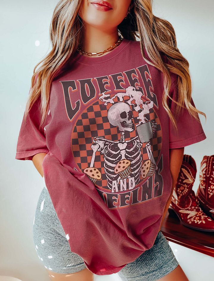 Coffee and Coffins Skeleton Drinking Coffee T-Shirt | Funny Fall and Halloween Skeleton Design for Coffee Lovers product image (5)