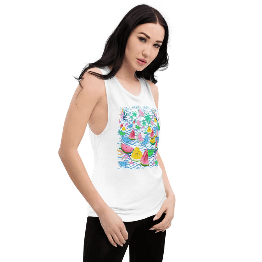 Ladies flowy muscle tank with fun tropical watermelon design for holiday vibe in summery colors product image (10)