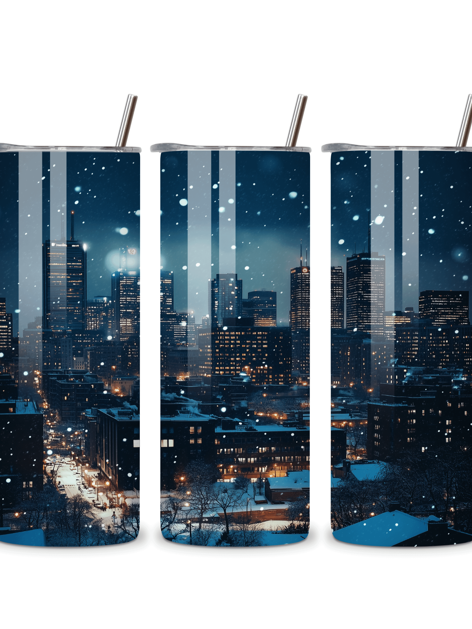 Winter City Skyline 20oz Skinny Tumbler with Metal Straw – Elegant Snowfall and Urban Design – Double-Walled Insulated Stainless Steel Tumbler, Great for City and Winter Lovers product image (4)