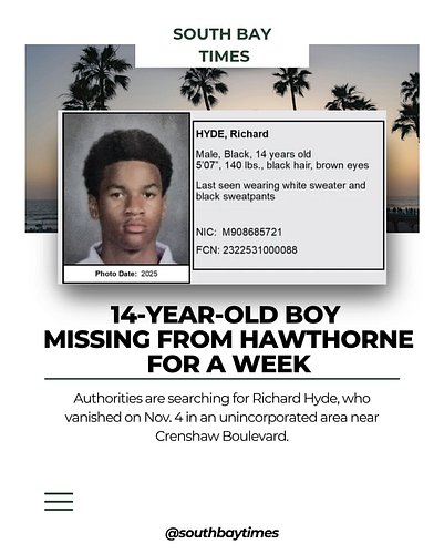 The Los Angeles County Sheriff’s Department is asking for help locating 14-year-old Richard Hyde, last seen wearing a white s...