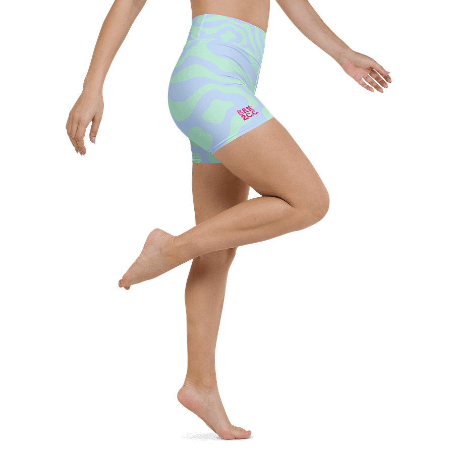 All-Over Print Yoga Shorts | with Inside Pocket | BRN.2C.C.™ | Coastal-Inspired Activewear | Vibrant Pink Logo on Wavy Pastel Stripes product image (6)