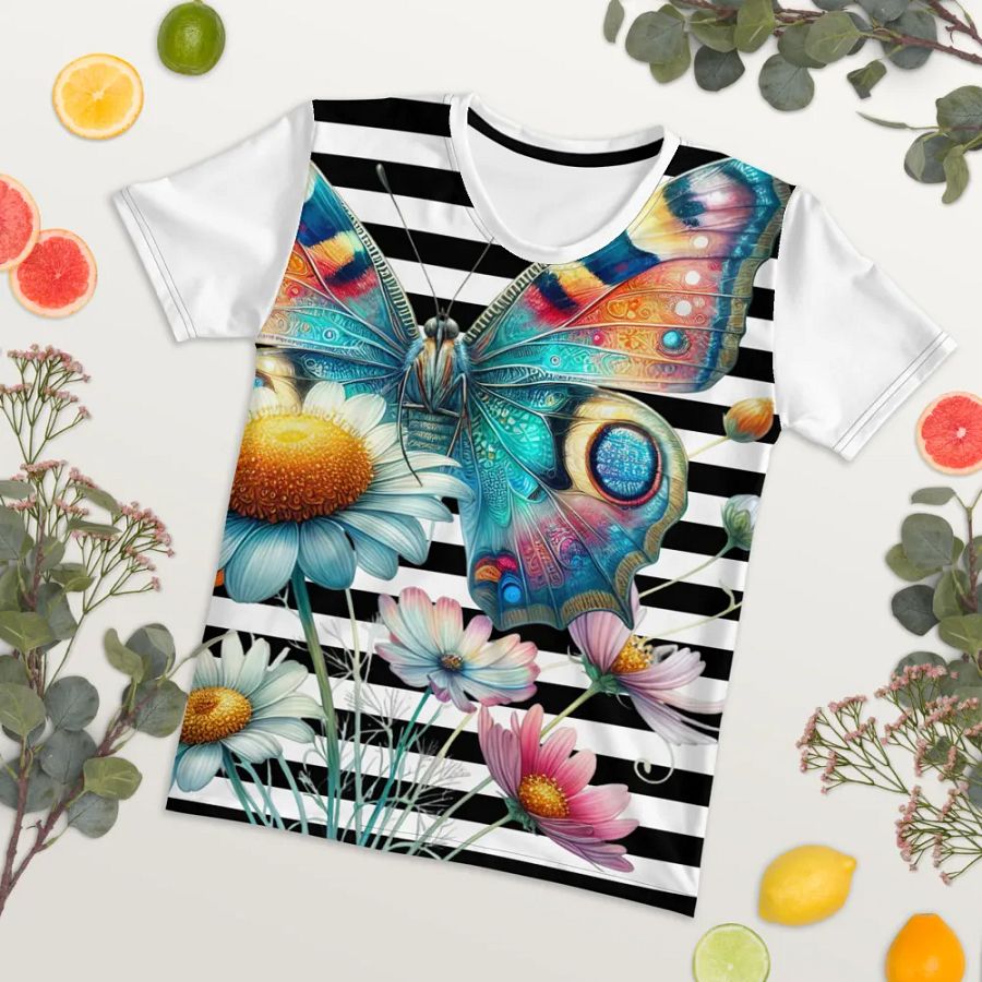 Whimsical Butterfly Fantasy Black Stripped Women's T-Shirt product image (7)