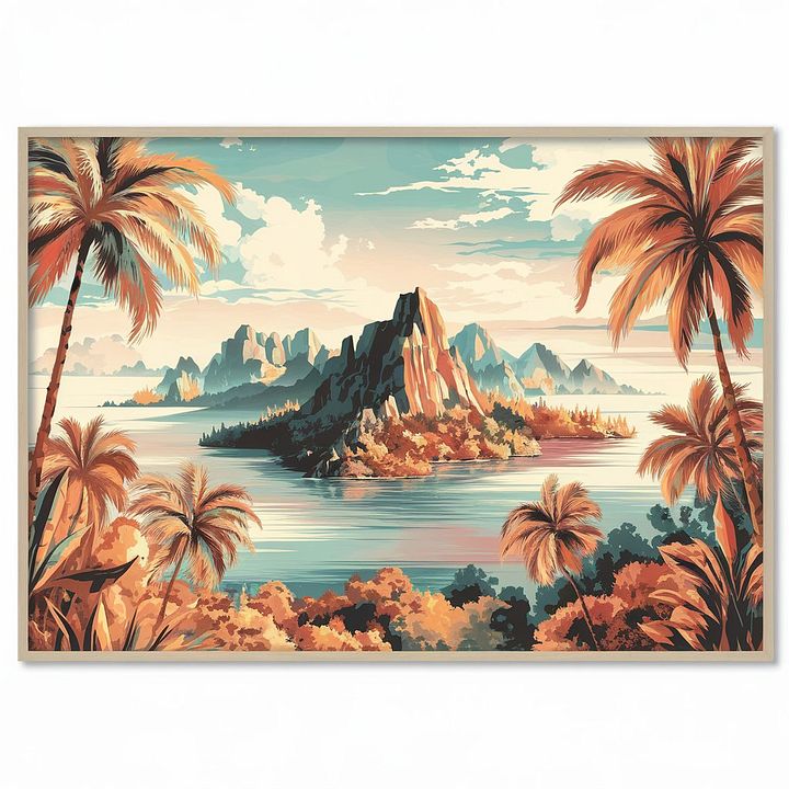 Tropical Serenity: Palm Trees Overlooking Islands and Mountains