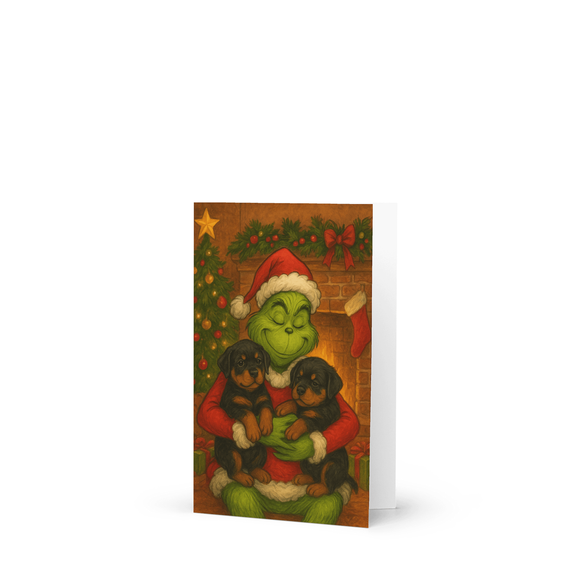 Grinch hugging two Rottweiler puppies Greeting Card product image (1)