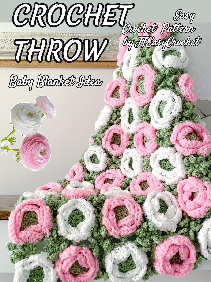 Ranunculus Flower Motif Crochet Blanket Pattern, PDF Instant Download, Cute Home Accent Throw Floral Housewarming Baby Shower Gift product image (4)