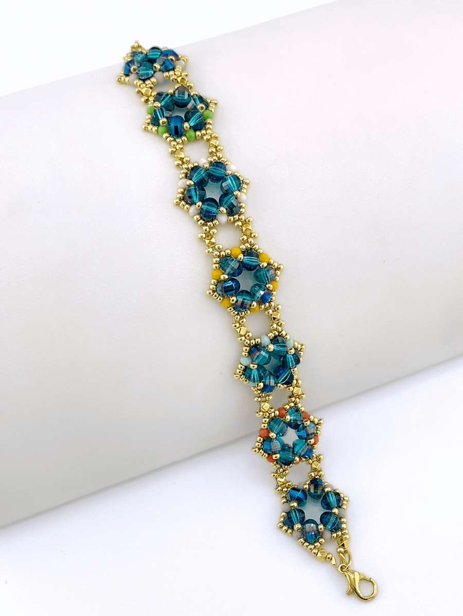 Hand-woven Teal, Gold, Multicolored Crystal Rondelle and Seed Bead Bracelet product image (3)