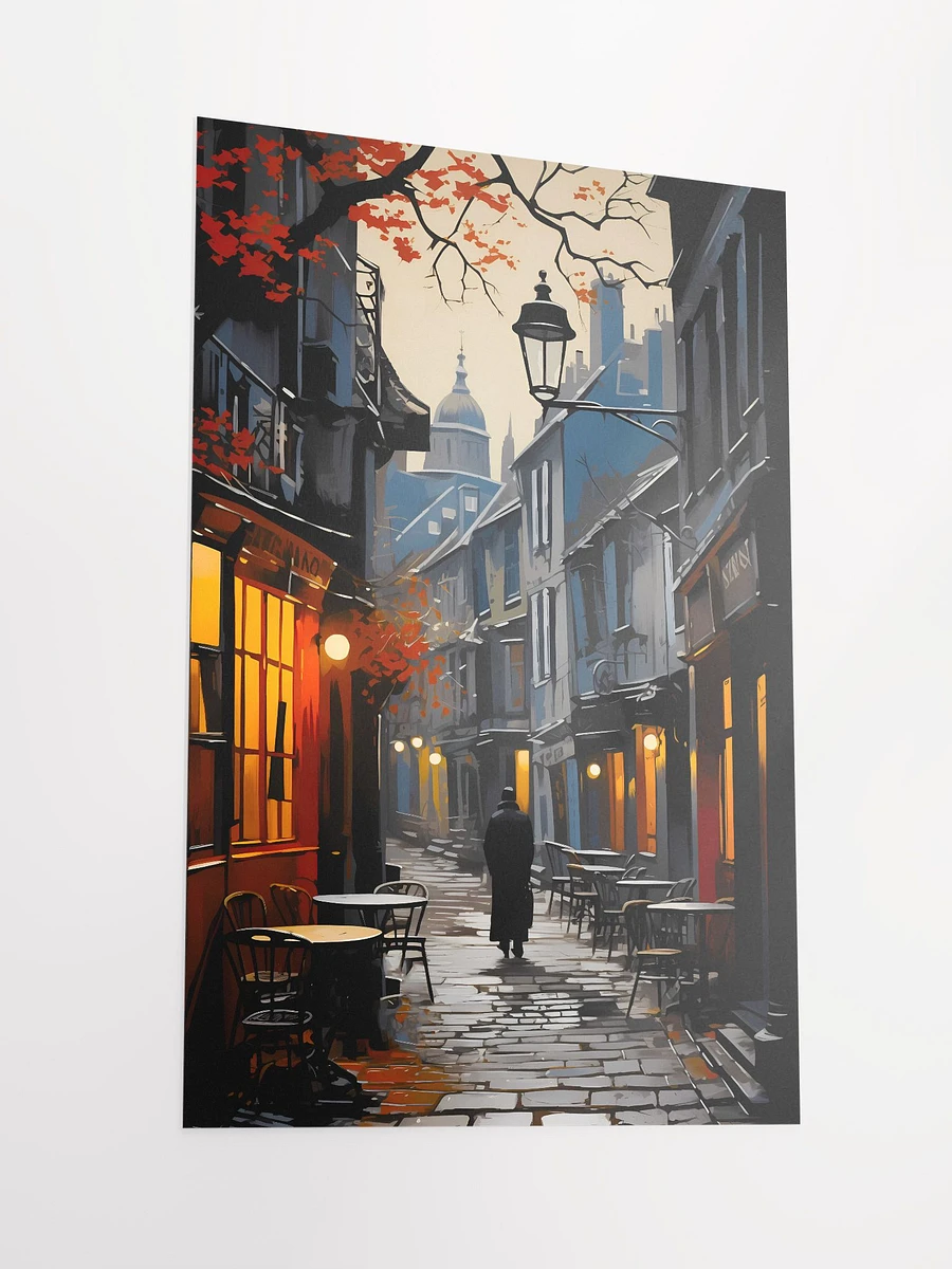 Mans Walks Down Old Cobblestone Street at Dusk in Autumn Fall Leaves Matte Poster product image (4)