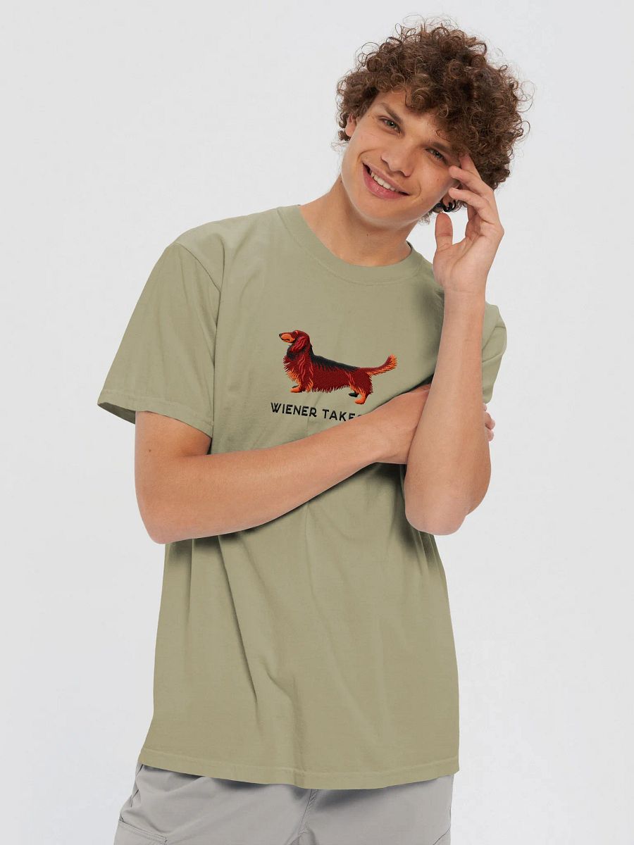 Wiener Takes All T-Shirt(Embroidered) of a Longhaired Dachshund(Red & Tan) product image (28)