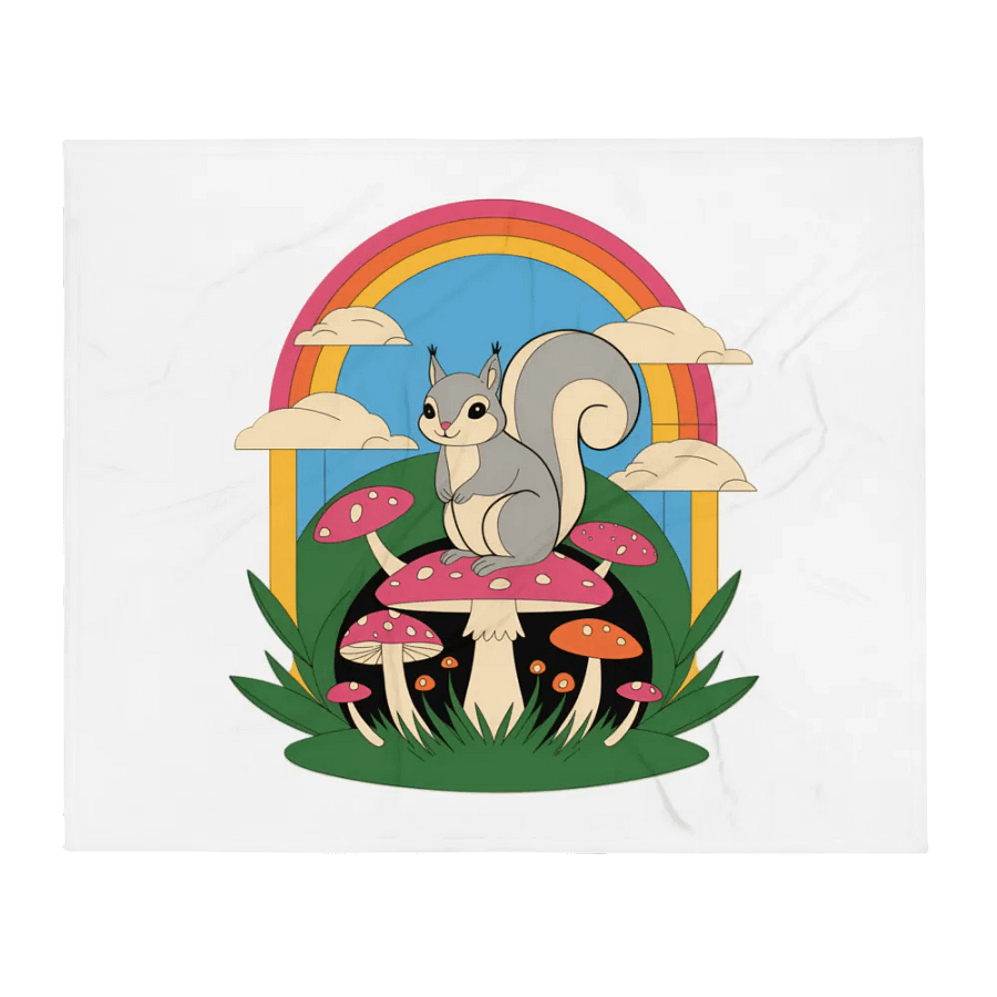 Ultra soft and plushy blanket: Pooky on a Pink mushroom with a rainbow, foliage and clouds. 70s X 60s retro product image (1)
