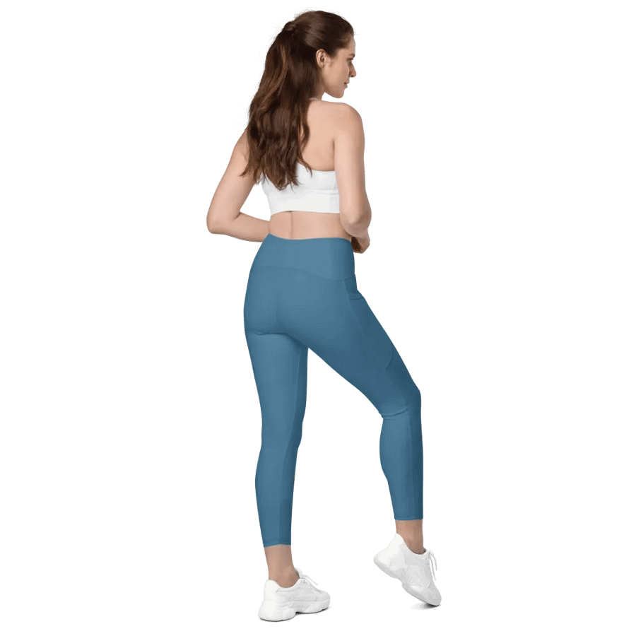 Plain Medium Blue True Summer Women's High Waisted Premium Crossover Leggings with Pockets by Treasure Pie product image (8)