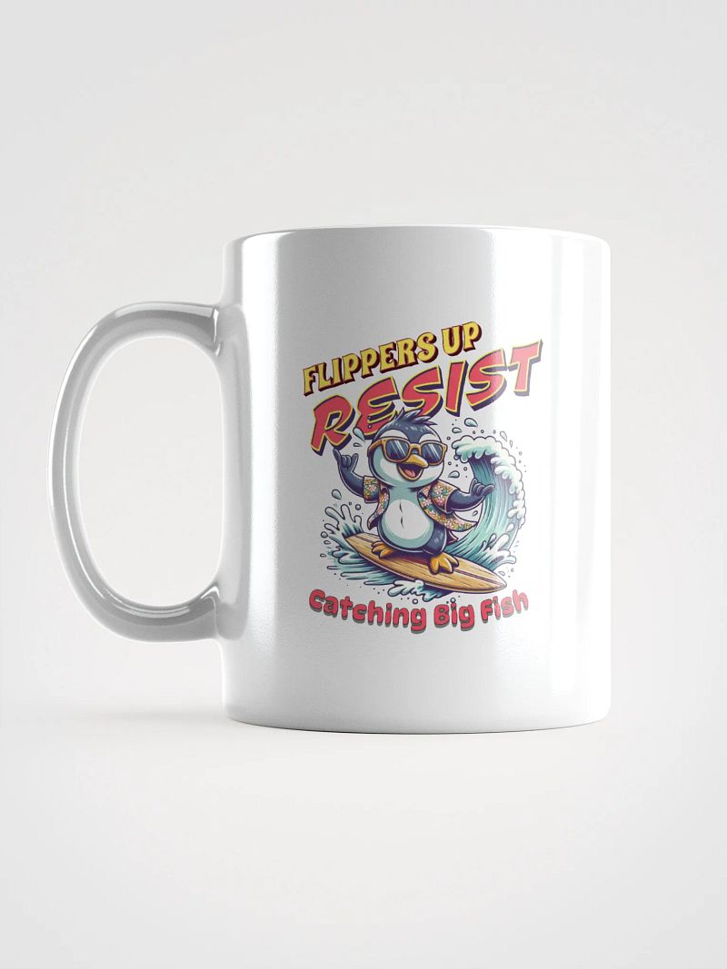 Flippers Up Resist Catching Big Fish Penguin Surfing Adventure Mug