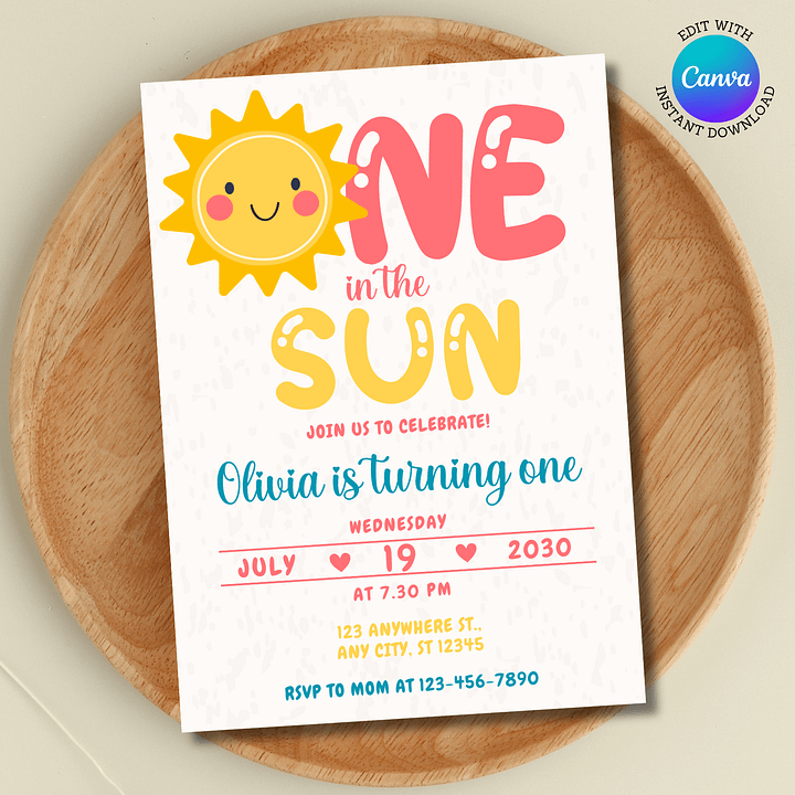 One in the Sun First Birthday Invitation | Editable Canva Template | Summer 1st Birthday Girl Invite | Sunshine Theme | Digital Download product image (1)