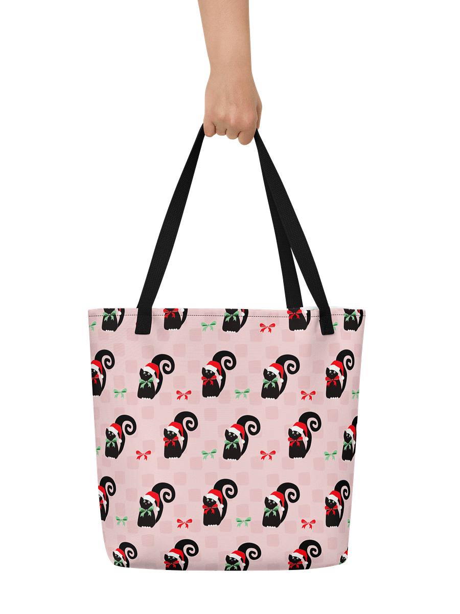 Black Christmas Kitties On Pink Checkerboard – Large Tote Bag product image (6)