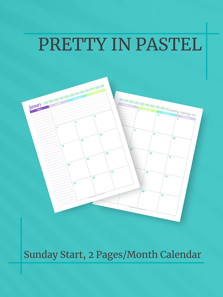 Pretty in Pastel 2026 Calendar - 2 Pages per Month, Sunday Start, Letter Size product image (1)