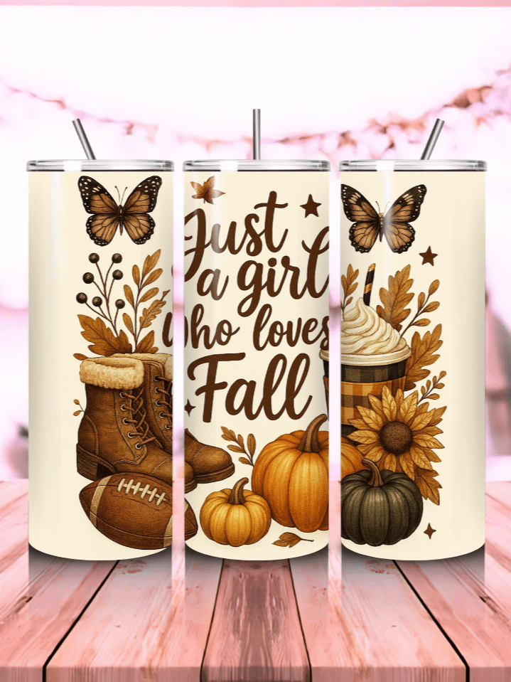 Just a Girl Who Loves Fall Tumbler Wrap PNG – 20oz Skinny Sublimation Design with Cozy Autumn Colors & Seasonal Quote – Perfect Gift for Fall Lovers – 300 DPI Instant Digital Download product image (1)