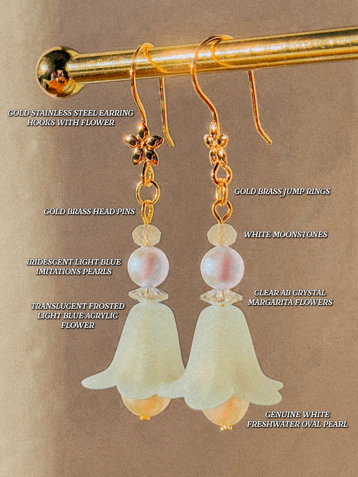 Light blue flower bells - Pearl and moonstone earrings product image (2)