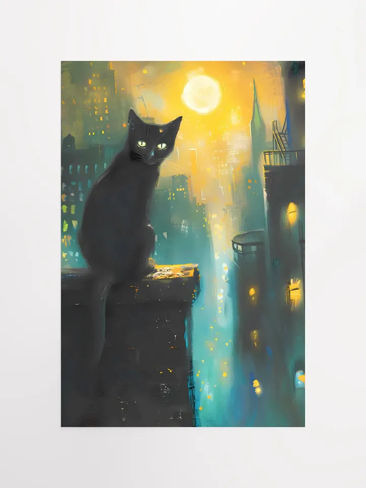 Nocturnal Watch: Black Cat Overlooking the City Lights Art Print Matte Poster product image (2)