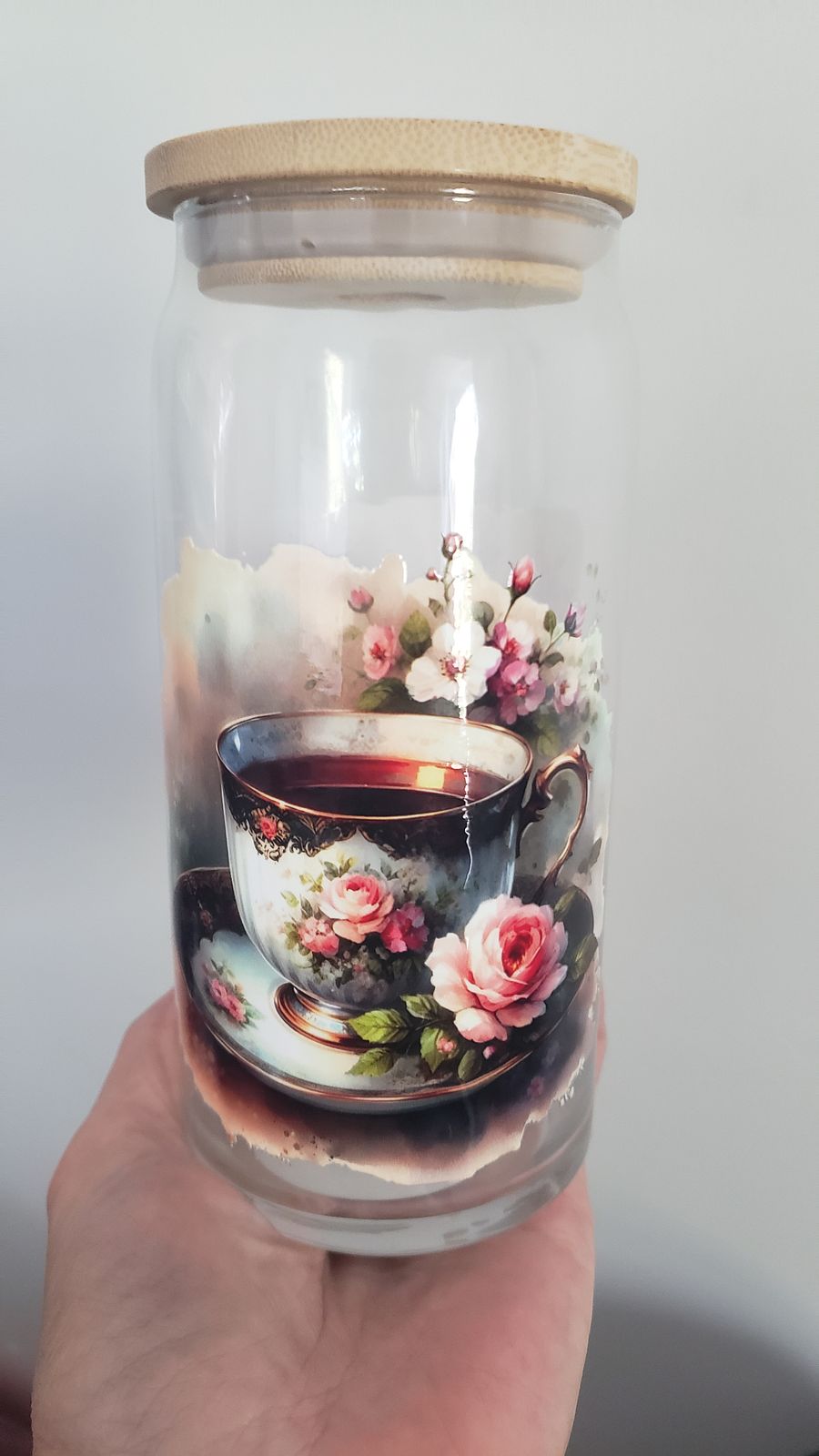 Enchanted Tea Time: Vintage Floral Glass Jar with Bamboo Lid product image (3)