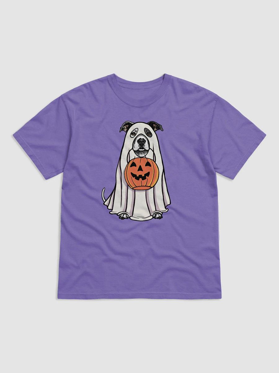 Funny Halloween Staffordshire Terrier(White) T-Shirt | Funny Staffy Wearing a Ghost Costume and Holding a Pumpkin Basket product image (27)