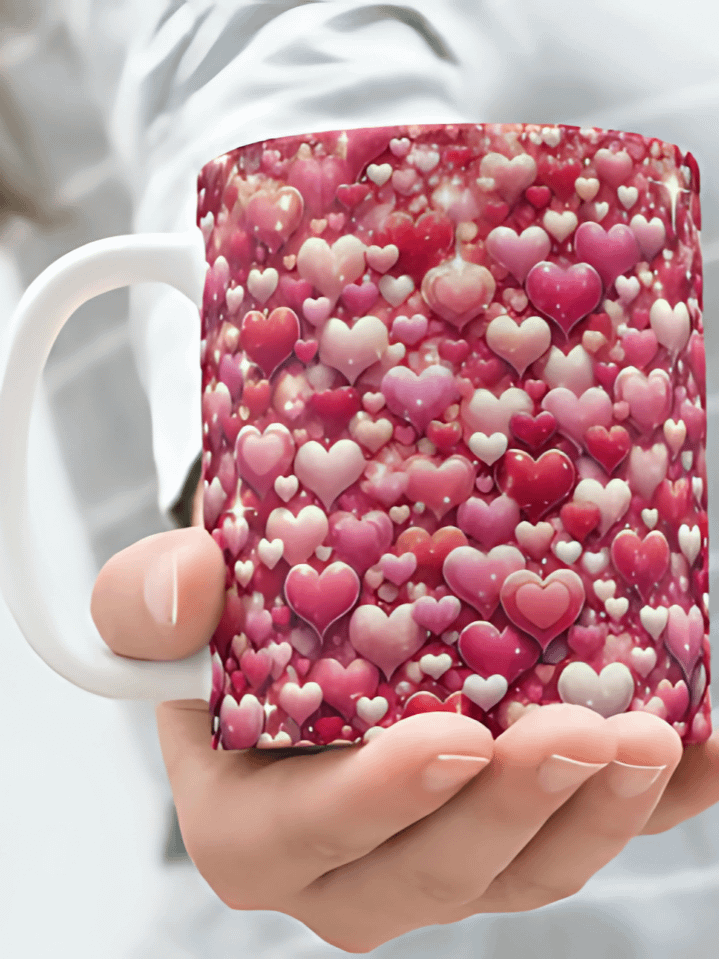 Glittery Pink Hearts Mug Wrap Design – Romantic Love Art for 11oz & 15oz Mugs – 300 DPI PNG Template – Instant Download product image (1)