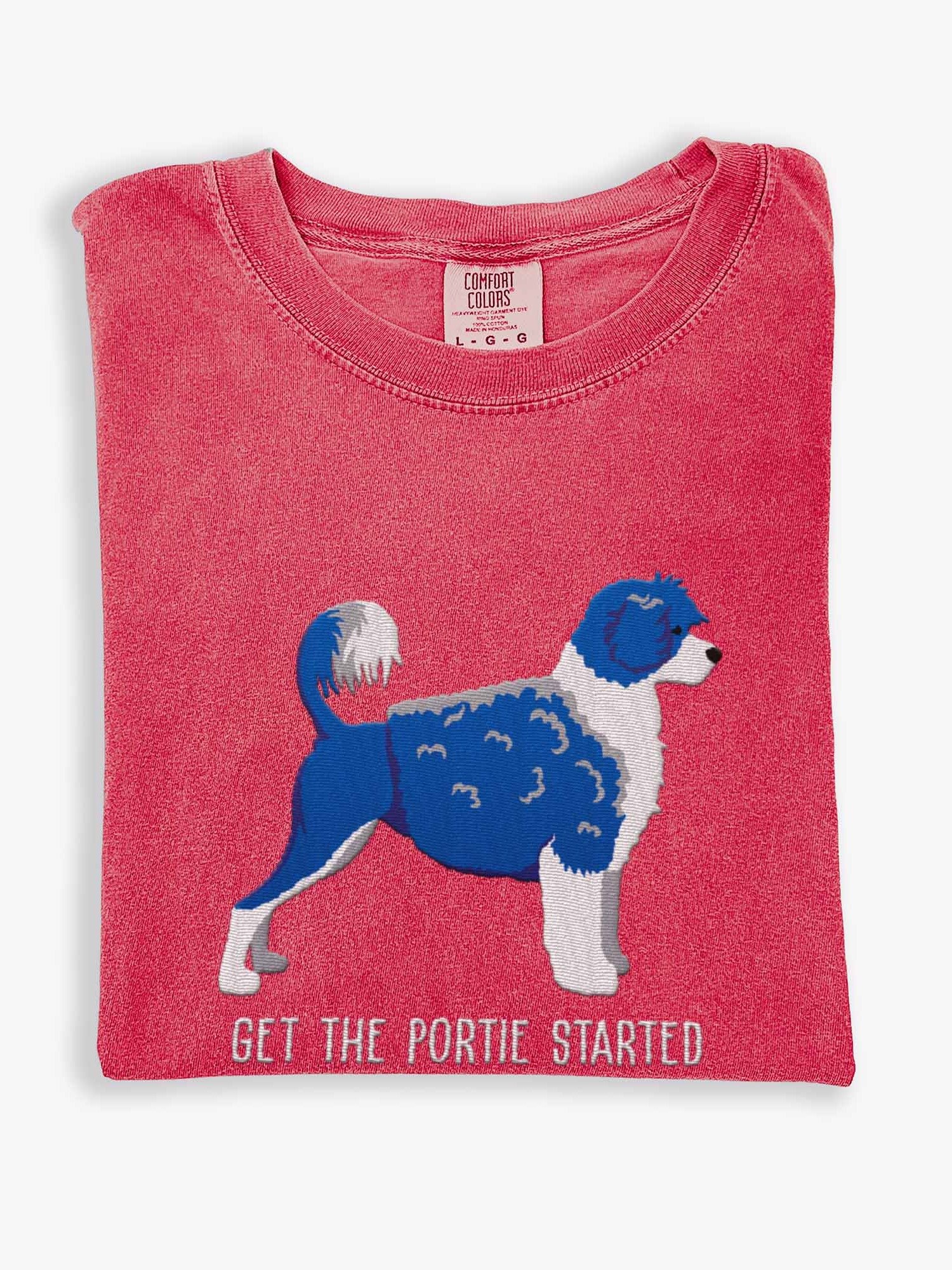 Get the Portie Started T-Shirt(Embroidered) of a Portuguese Water Dog(Blue & White) product image (1)