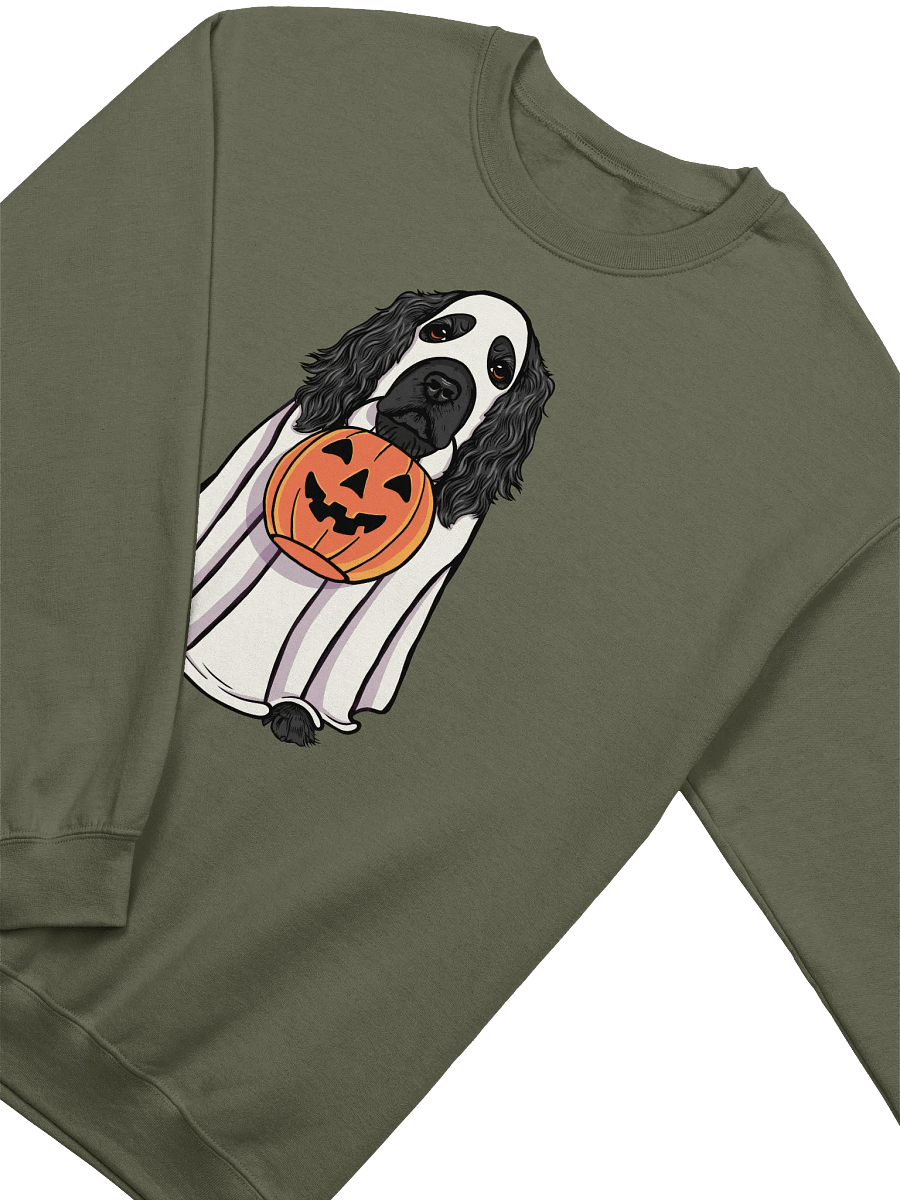Funny Halloween Cocker Spaniel(Black) Sweatshirt | Funny Cocker Spaniel Wearing a Ghost Costume and Holding a Pumpkin Basket product image (14)