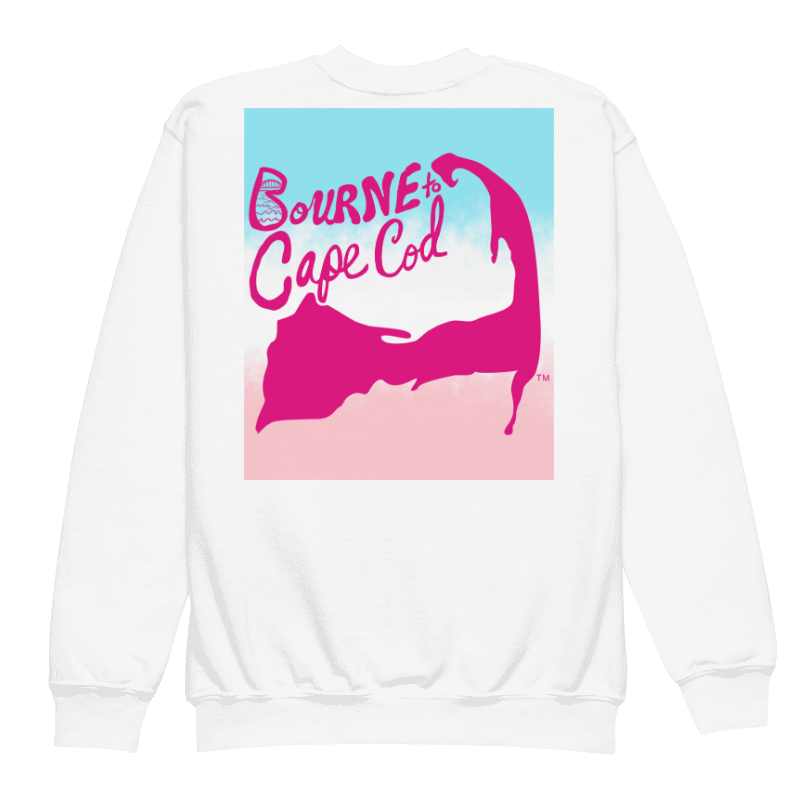 Girls' | Cape Cod Crew | DTG Vintage Print | BRN.2C.C.™ Youth Sweatshirt | BOURNE to Stand Out™ | Pink Logo on White | Patriotic Pastels Graphic product image (2)