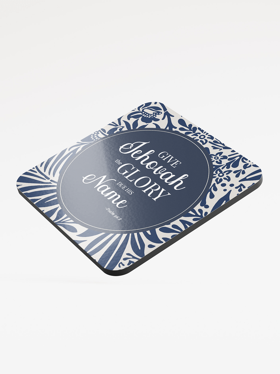 Psalm 96:8 Bible Verse Coaster – "Give Jehovah the Glory" – Navy Blue Floral Design, Cork & Glossy MDF product image (3)